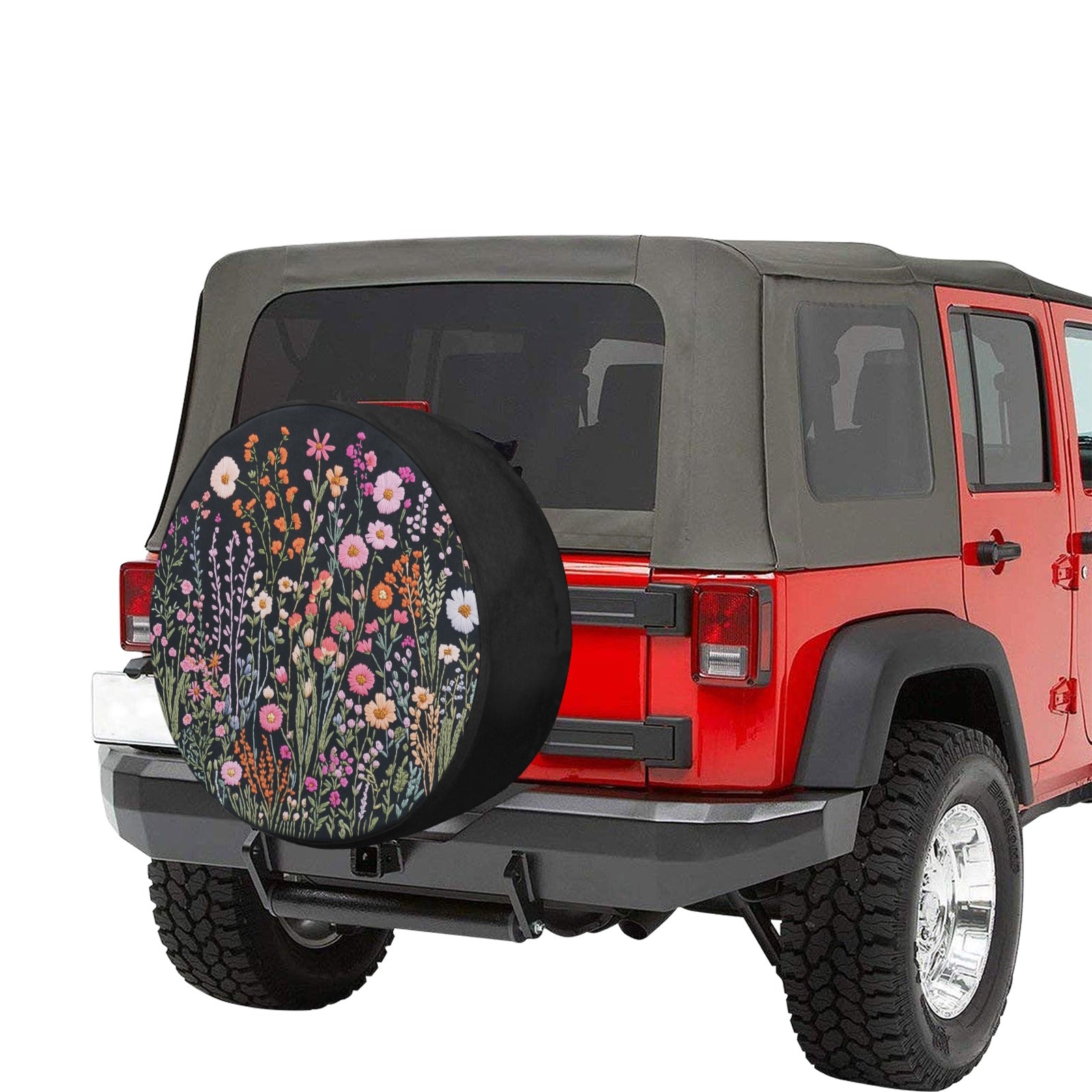 Wild Flowers Spare Tire Cover, Faux Embroidery Pastel Printed Grassy Botanicals Floral Wheel Unique Backup Camera Hole Trailer Back Women RV - Starcove Fashion