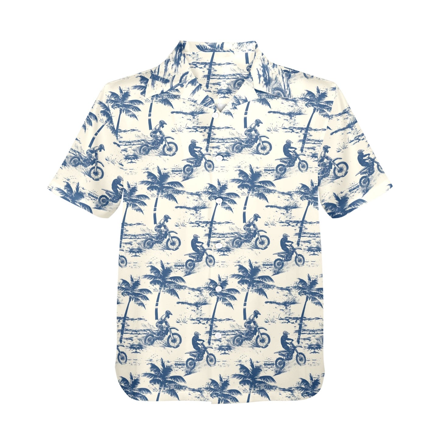 Dirt Bike Men Hawaiian shirt, Motocross Palm Trees Motorcycle Beach Blue Cream Vintage Aloha Hawaii Retro Tropical Plus Size Guys Button