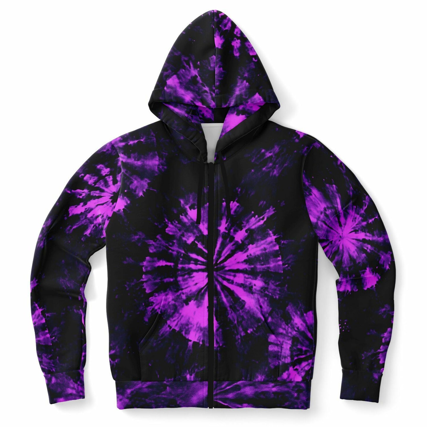 Black Purple Tie Dye Zip Up Hoodie, Full Zipper Pocket Men Women Unisex Adult Aesthetic Graphic Cotton Fleece Hooded Sweatshirt