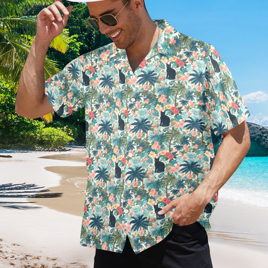Black Cat Hawaiian Men Shirt, Palm Trees Hibiscus Floral Beach Print Vintage Aloha Hawaii Retro Tropical Plus Size Pocket Guys Button Down