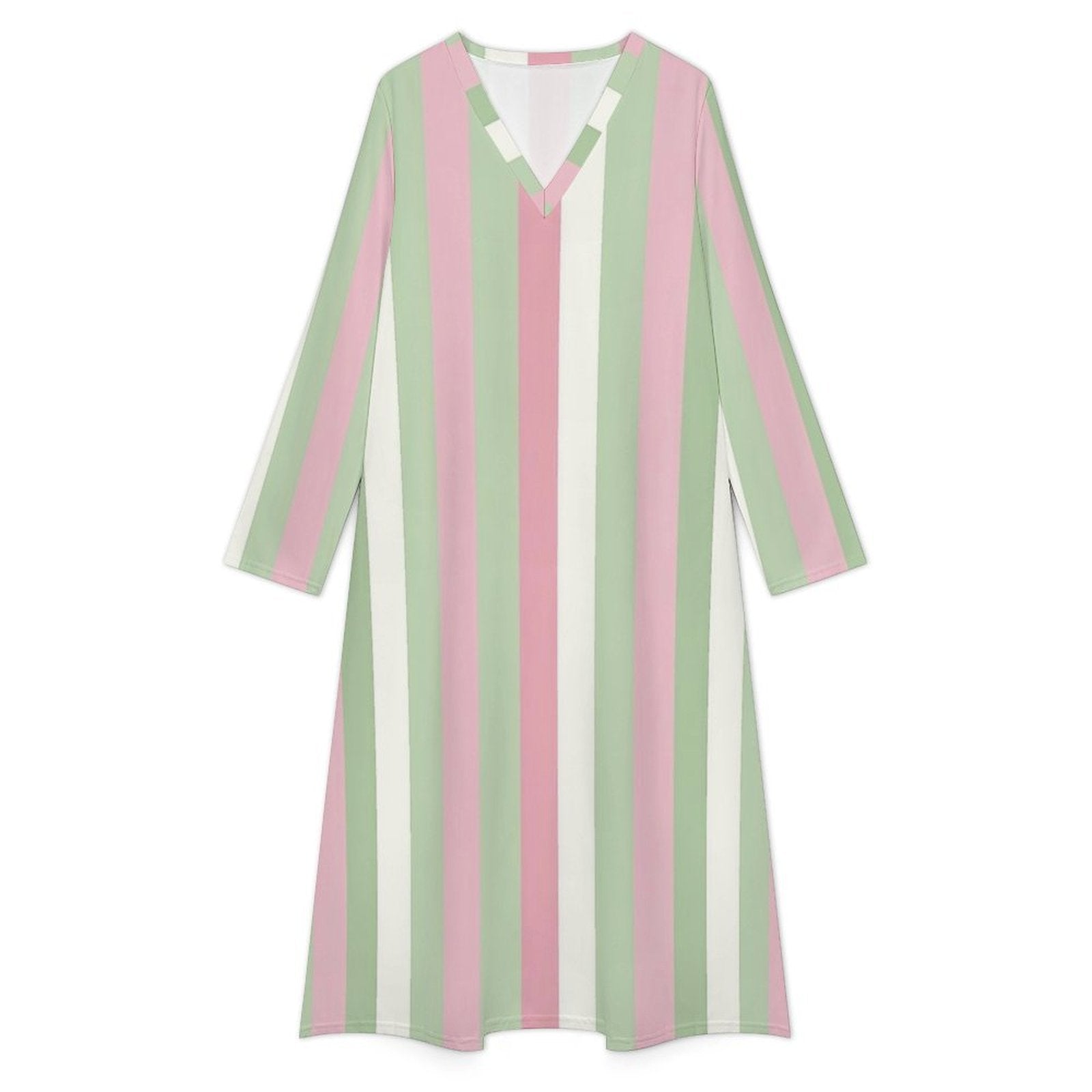 Pink Green Striped Long Sleeve Midi Dress, V-Neck Pastel White Women Ladies Casual Cute Designer Elegant Cocktail Summer Dress White / L Pink Green Striped Long Sleeve Midi Dress, V-Neck Pastel White Women Ladies Casual Cute Designer Elegant Cocktail Summer Dress White / L