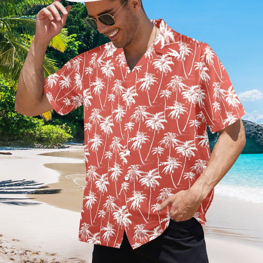 Red and White Men Hawaiian shirt, Palm Trees Designer V Neck Vintage Aloha Hawaii Retro Summer Tropical Beach Plus Size Guys Button Down