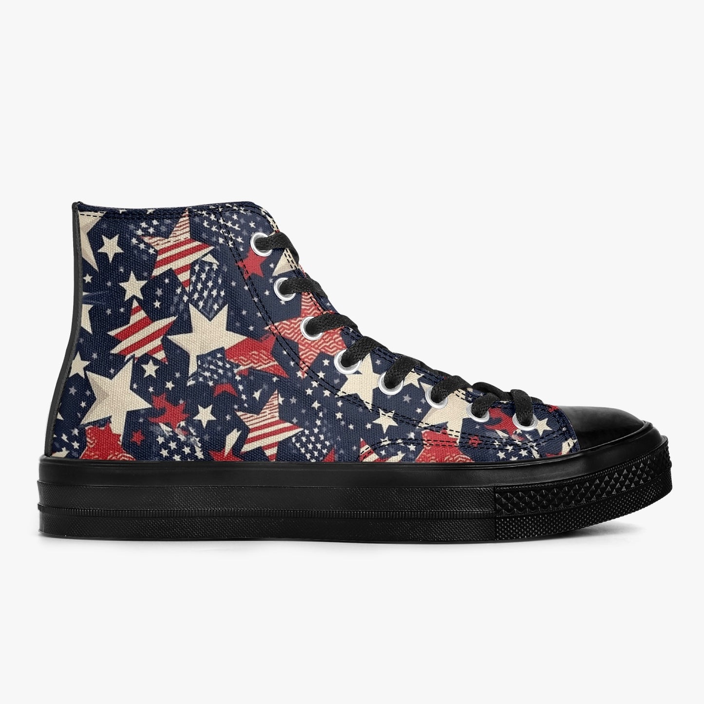Red White Blue Stars High Top Shoes Sneakers, Men Women America USA Flag Stripes Black Lace Up Footwear Rave Canvas Streetwear Designer Starcove Fashion