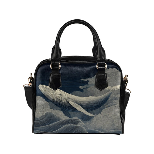 Whale Shoulder Purse, Blue Marine Animal Cute Black Small Retro Vintage Vegan Leather Women Designer Handbag with Strap Crossbody Bag