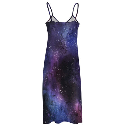 Galaxy Space Maxi Dress, Purple Stars Long Spaghetti Straps Women Sleeveless Casual Cute Designer Elegant Plus Size Cocktail Party Designer