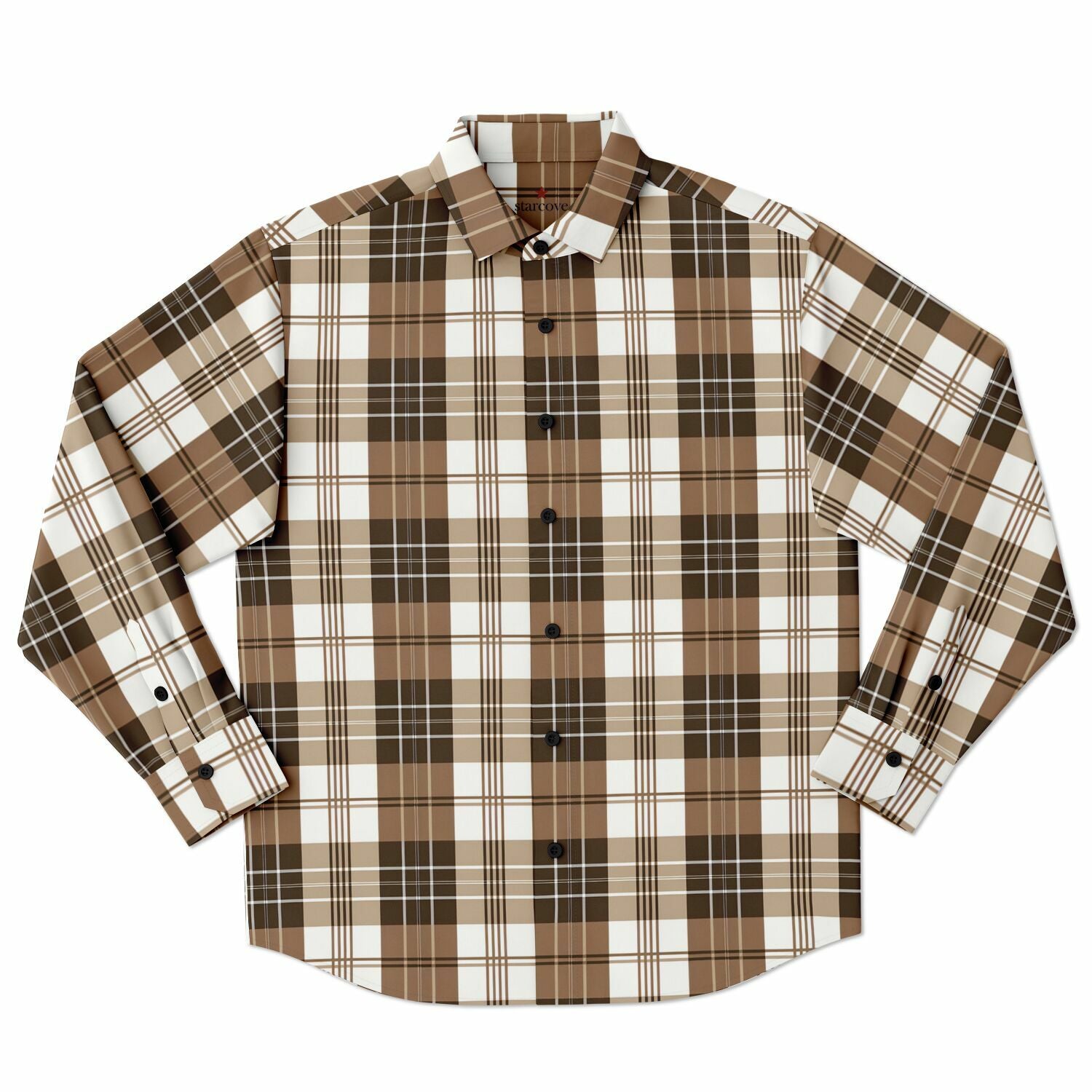 Brown Check Plaid Long Sleeve Men Button Up Shirt, White Tartan Guys Male Print Buttoned Down Collared Graphic Casual Dress Shirt S