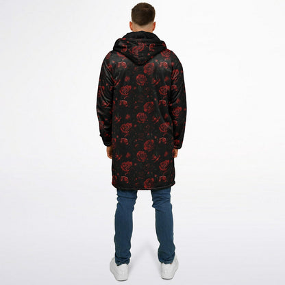 Red Roses Hooded Fleece Jacket, Black Zipper Coat Cloak Men Women Ladies Long Winter Warm Mink Hooded Parka Festival Wearable Cape Pockets