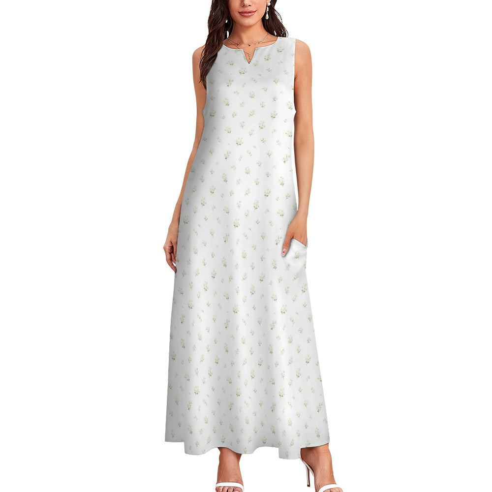 White Floral Maxi Sleeveless Dress, Flowers Party Handmade A Line Women Ladies Cocktail Pockets Long Plus Size Summer Wedding Sundress - Starcove Fashion