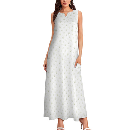 White Floral Maxi Sleeveless Dress, Flowers Party Handmade A Line Women Ladies Cocktail Pockets Long Plus Size Summer Wedding Sundress - Starcove Fashion