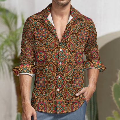 Mandala Paisley Long Sleeve Men Button Up Shirt, Retro Vintage Guys Male Print Buttoned Down Collared Casual Dress Plus Size Chest Pocket