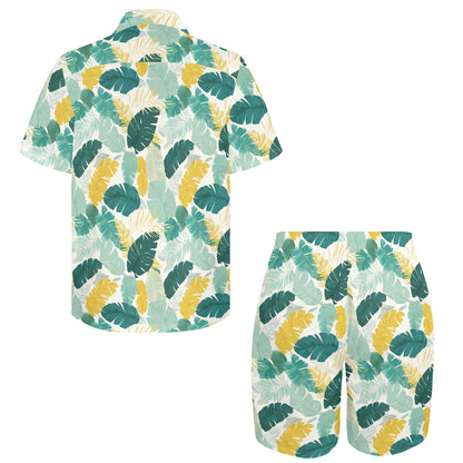 Tropical Leaf Shirt Shorts Outfit Set Men, Plants Banana Palm Tree Green Beach Sea Hawaiian Beach Male Guys Short Sleeve Button Up Down Luau