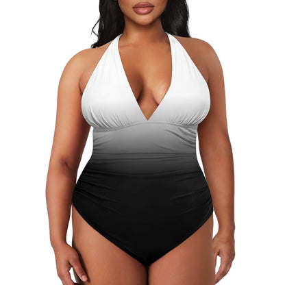 Woman wearing a white, gray, and black gradient swimsuit on a white background