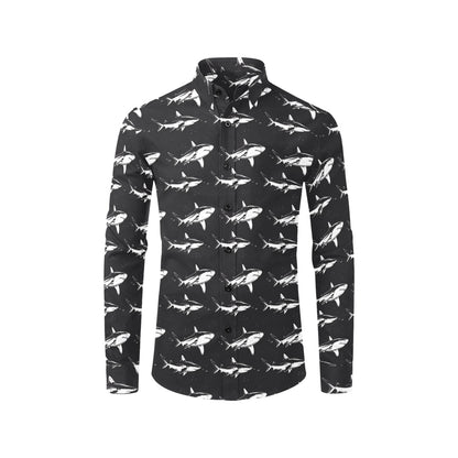 Great White Shark Long Sleeve Men Button Up Shirt, Nautical Ocean Beach Black Print Dress Buttoned Collar Casual Male Guy Plus Size Shirt
