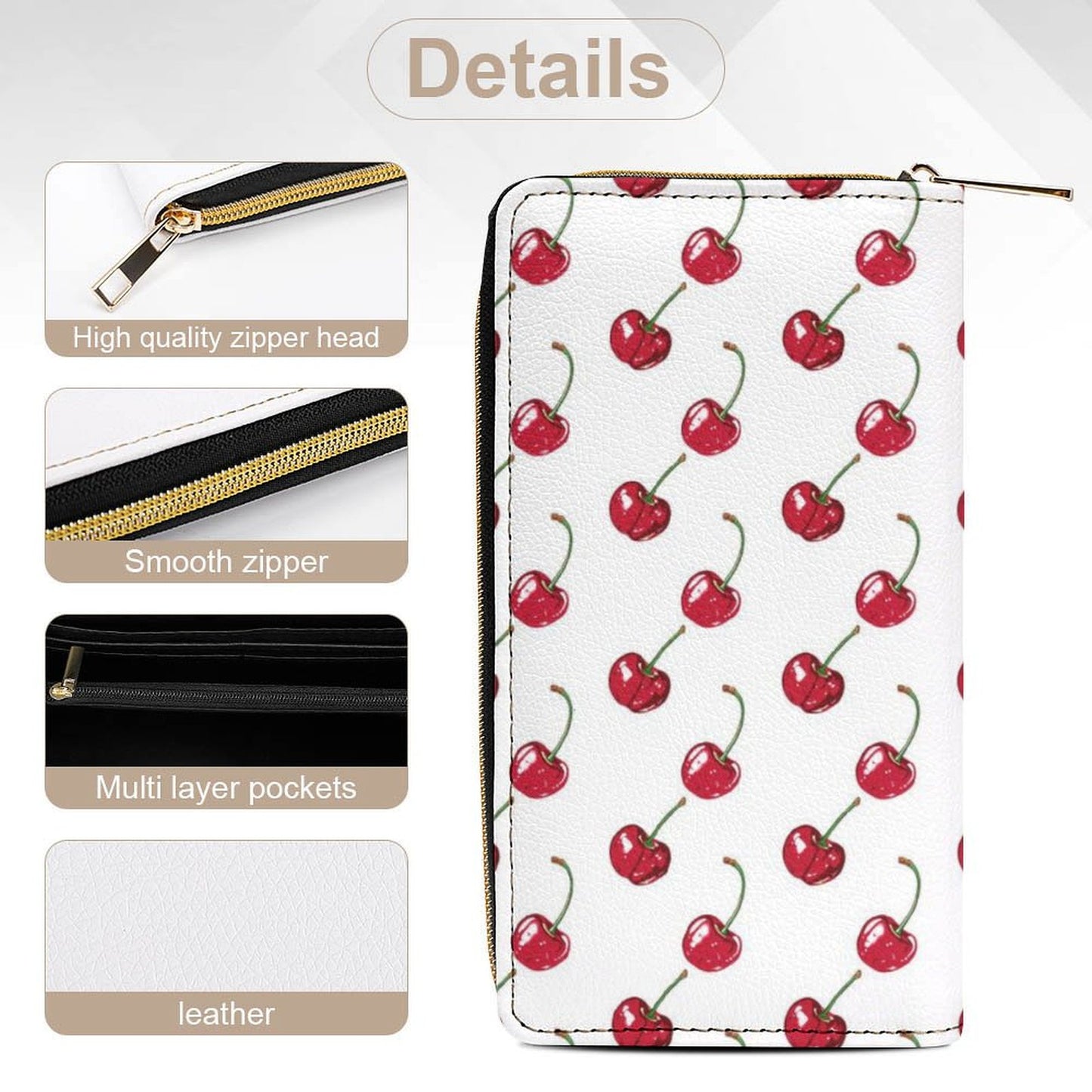 Cherry Leather Wallet Women, White Red Fruit Vegan Zipper Zip Around Coins Credit Cards Pocket Cash Ladies Female Slim Clutch Purse