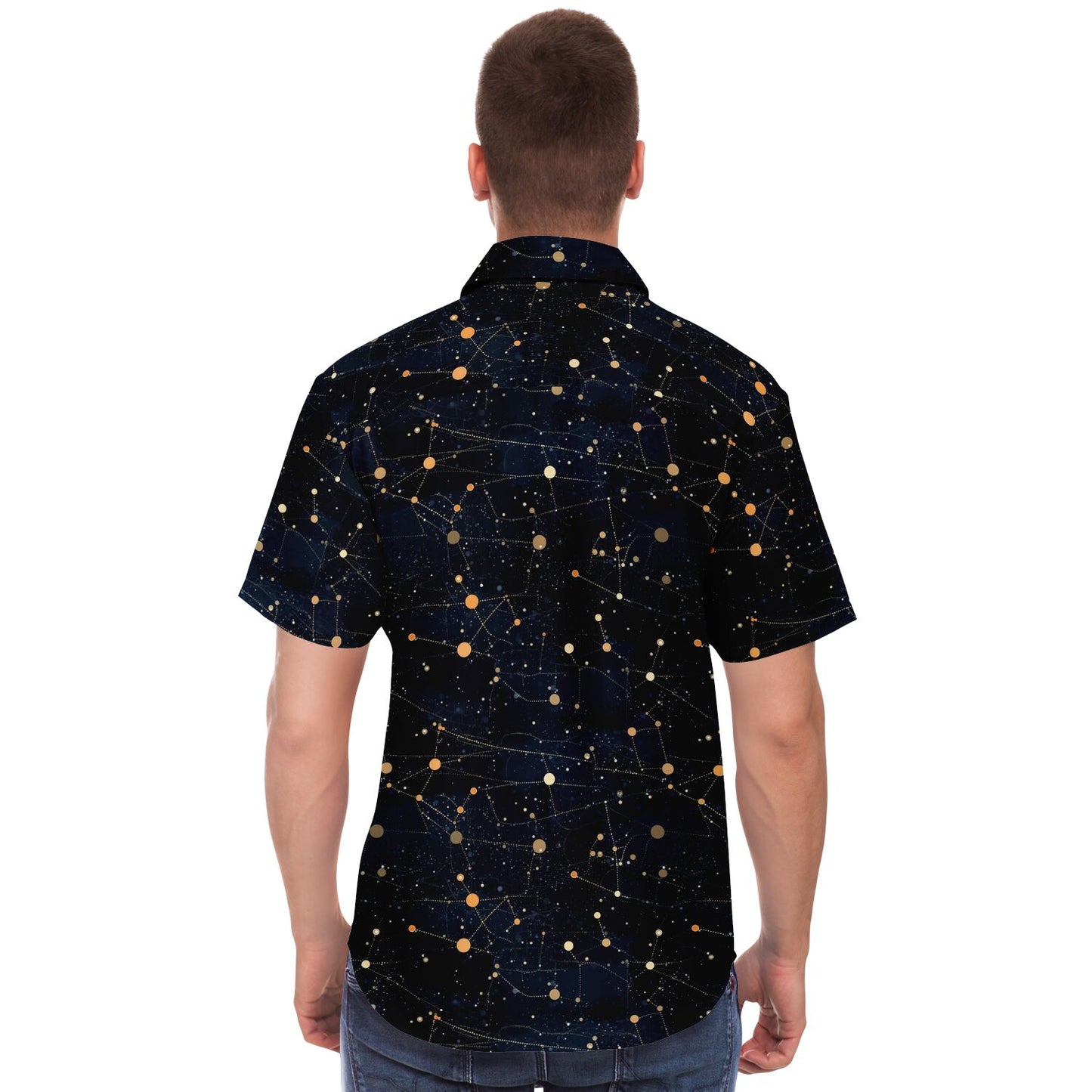 Constellation Short Sleeve Men Button Up Shirt, Space Stars Universe Print Casual Buttoned Down Summer Collared Dress Shirt Starcove Fashion