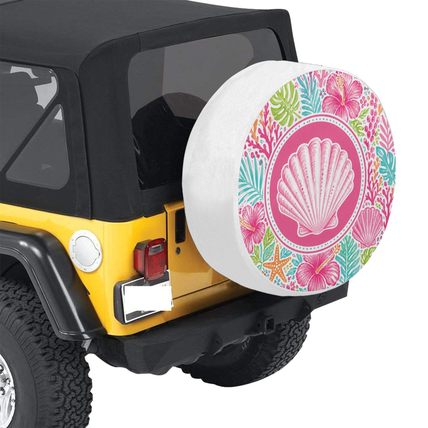 Pink Beach Spare Tire Cover, Sea Shell Ocean Coral Hibiscus White Tropical Wheel Backup Camera Hole Camping RV Back Women Trailer Waterproof - Starcove Fashion