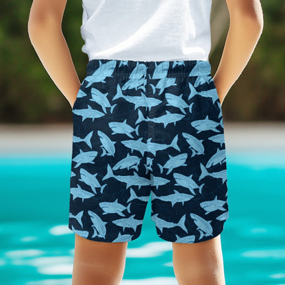 Shark Boys Beach Shorts (4-11Y), Navy Blue Quick Dry Kids Drawstring Casual Shorts Pockets Children Youth - Starcove Fashion
