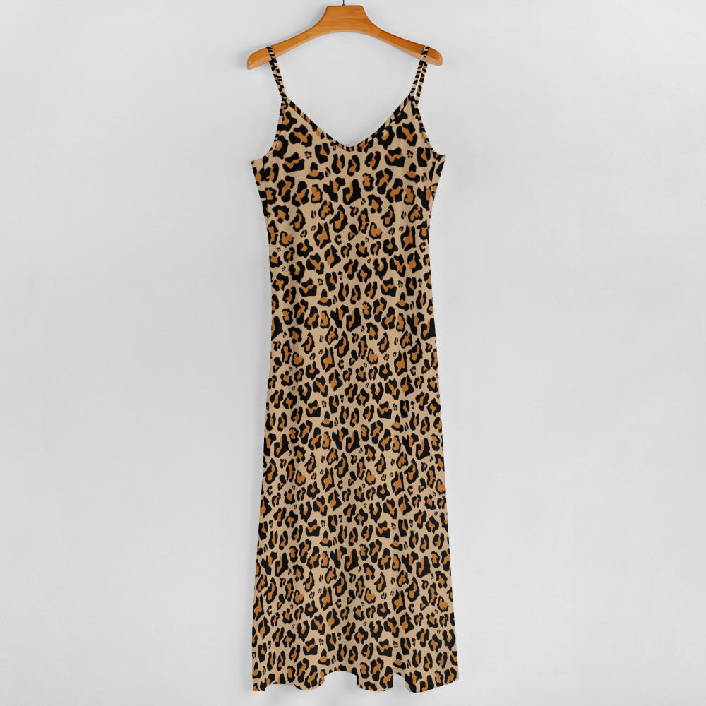 Leopard Maxi Dress, Animal Print Cheetah Long Spaghetti Straps Women Sleeveless Casual Designer Elegant Plus Size Cocktail Party Designer 5XL / White Leopard Maxi Dress, Animal Print Cheetah Long Spaghetti Straps Women Sleeveless Casual Designer Elegant Plus Size Cocktail Party Designer 5XL / White