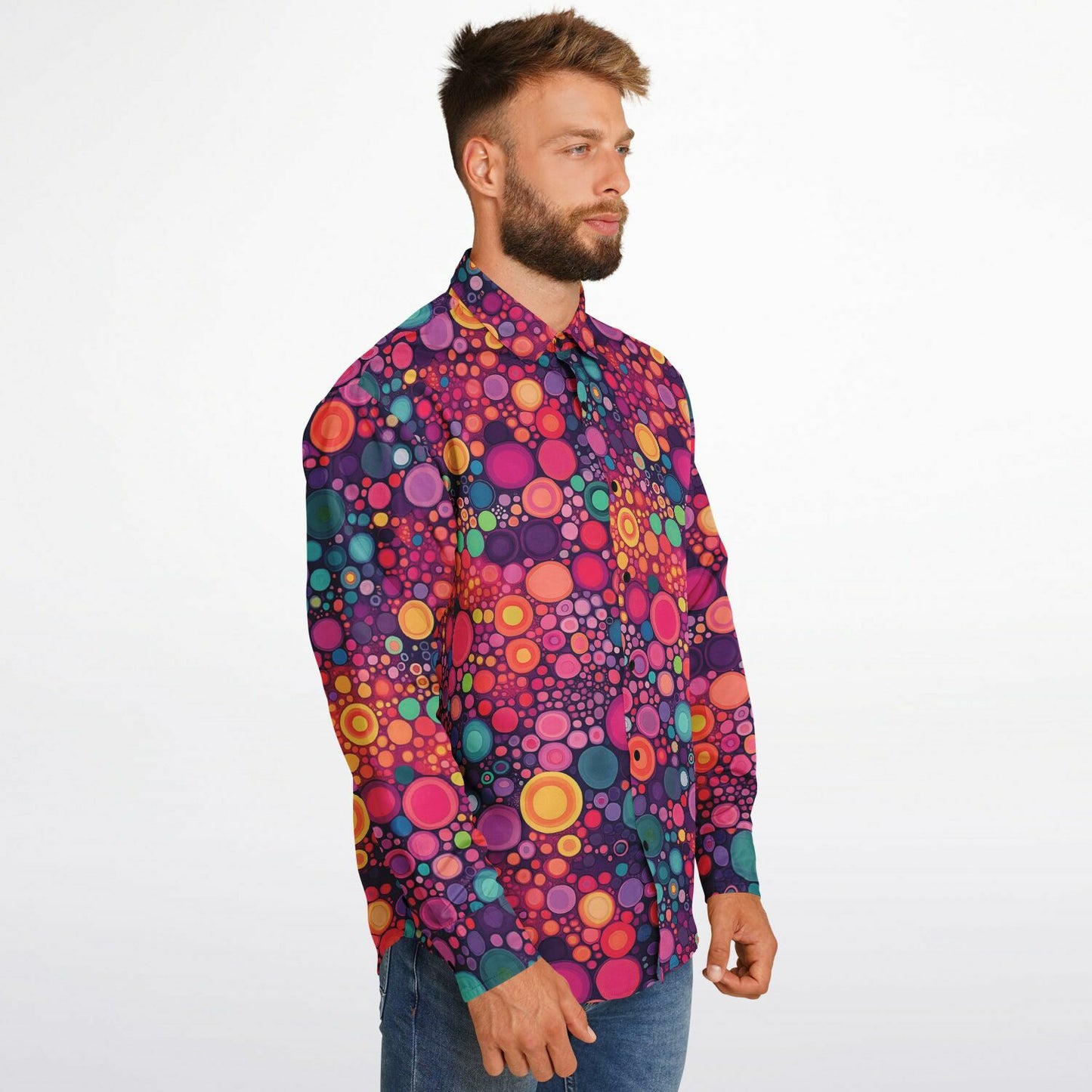 Psychedelic Long Sleeve Men Button Up Shirt, Funky Red Colorful Fun Retro Vibrant Dot Art Guys Male Print Buttoned Down Collared Casual Dress Plus Size