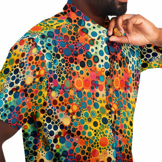 Dot Art Men Button Up Shirt, Groovy Retro Psychedelic Vintage Short Sleeve Print Casual Buttoned Down Guys Collared Designer Dress Shirt