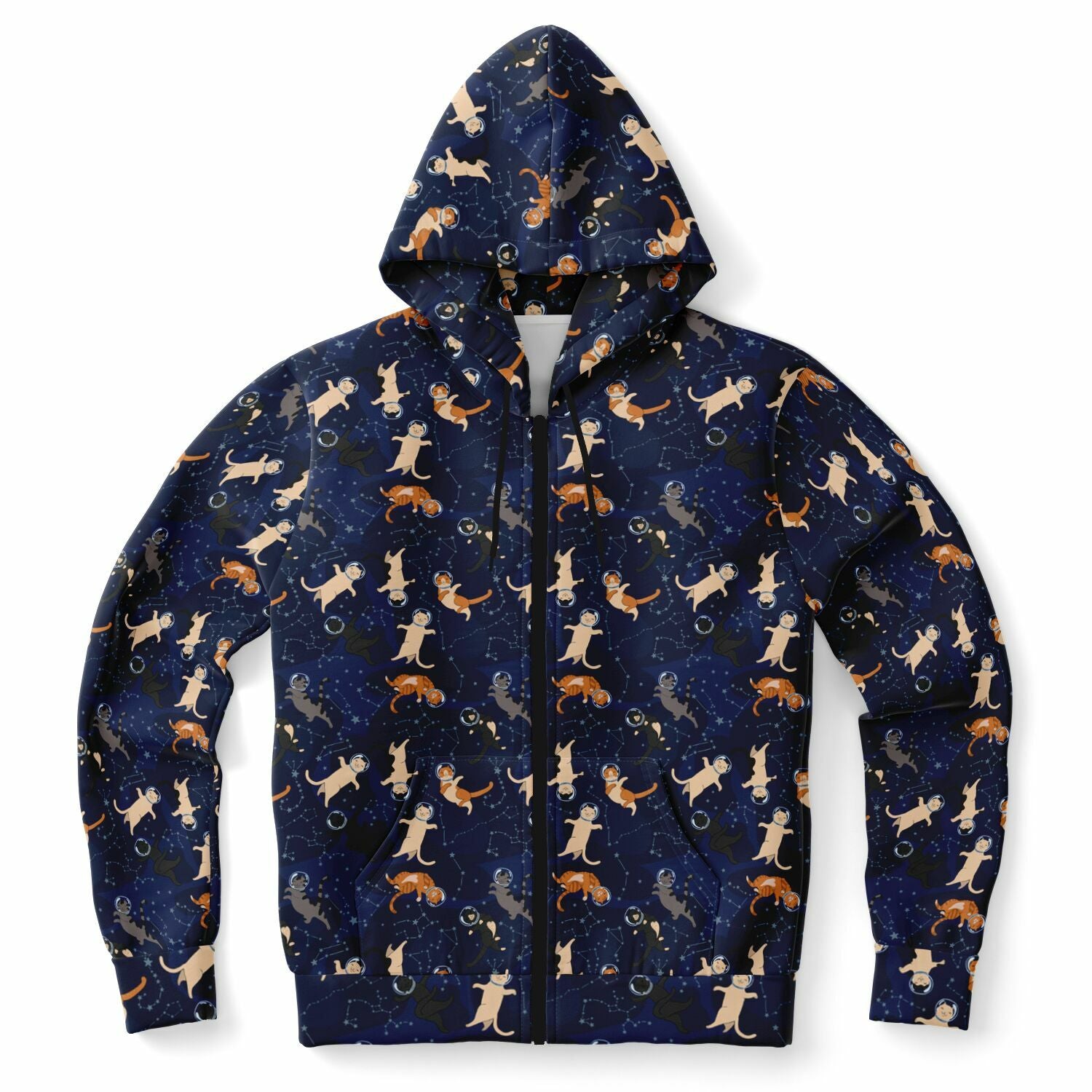 Cats in Space Zip Up Hoodie, Kittens Full Zipper Pocket Men Women Unisex Adult Aesthetic Graphic Cotton Fleece Hooded Sweatshirt - Starcove Fashion