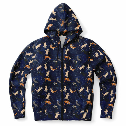 Cats in Space Zip Up Hoodie, Kittens Full Zipper Pocket Men Women Unisex Adult Aesthetic Graphic Cotton Fleece Hooded Sweatshirt