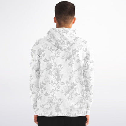 White Floral Zip Up Hoodie, Flowers Full Zipper Pocket Men Women Unisex Adult Aesthetic Graphic Cotton Fleece Hooded Sweatshirt - Starcove Fashion