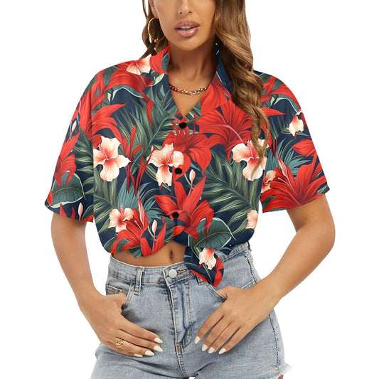 Red Tropical Women Hawaiian shirt, Floral Flowers Summer Hibiscus Print Vintage Retro Hawaii Aloha Button Up Down Plus Size Ladies Blouse
