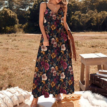 Pink Bordeaux Floral Maxi Dress, Flowers Fall Long Spaghetti Straps Flowy Women Sleeveless Casual Cute Designer Plus Size Cocktail Party Summer
