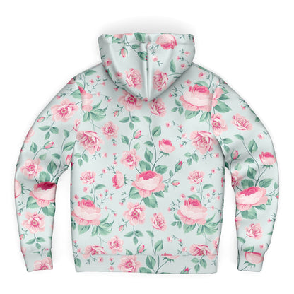 Pink Green Floral Zip Up Fleece Lined Hoodie, Flowers Peony Blossom Heavyweight Full Zipper Pocket Men Women Unisex Hooded Sweatshirt Jacket