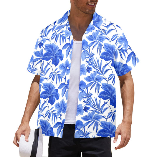 Blue Men Hawaiian shirt, Tropical Leaf Royal Indigo White Floral Designer V Neck Aloha Hawaii Retro Beach Plus Size Guys Male Button Down