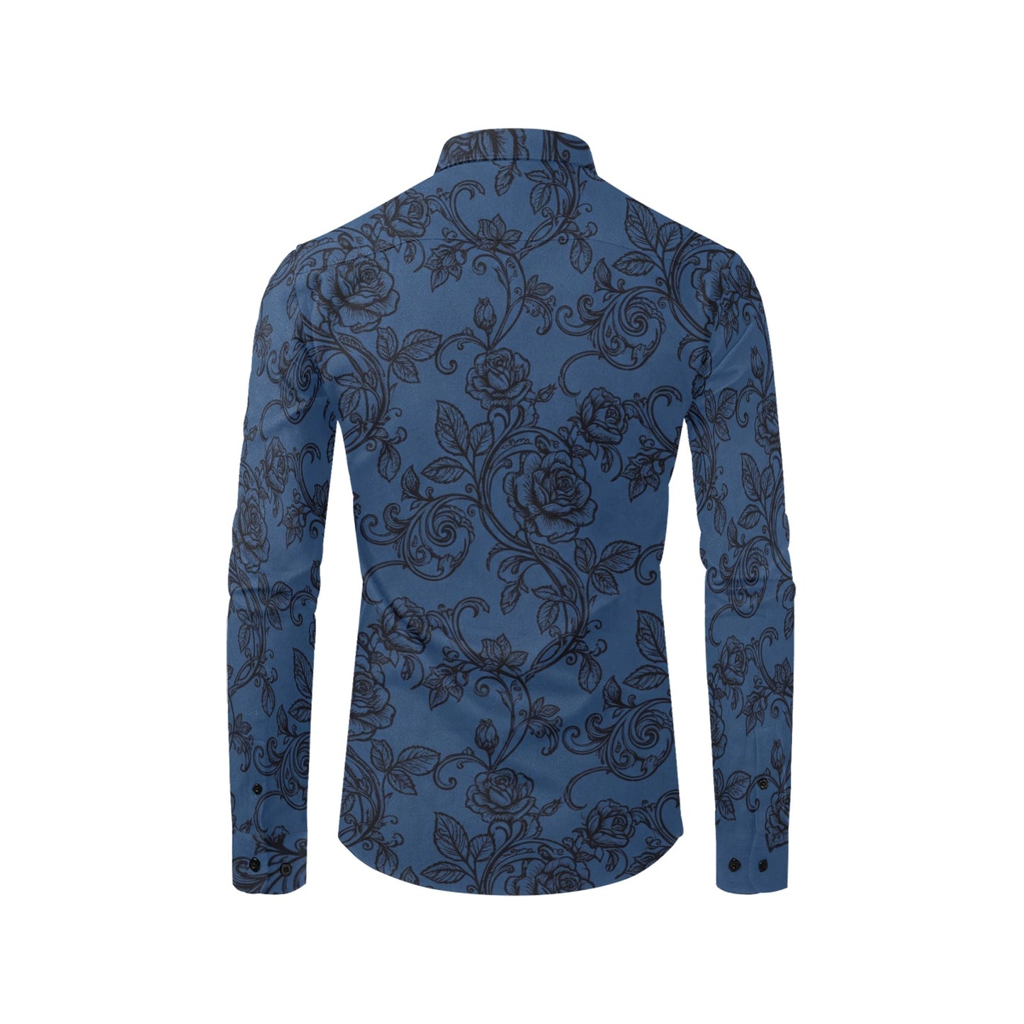 Black Blue Floral Long Sleeve Men Button Up Shirt, Vines Roses Flowers Print Casual Buttoned Collared Designer Dress Shirt Chest Pocket Male