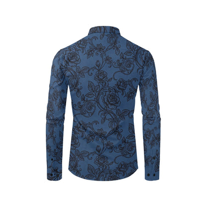 Black Blue Floral Long Sleeve Men Button Up Shirt, Vines Roses Flowers Print Casual Buttoned Collared Designer Dress Shirt Chest Pocket Male
