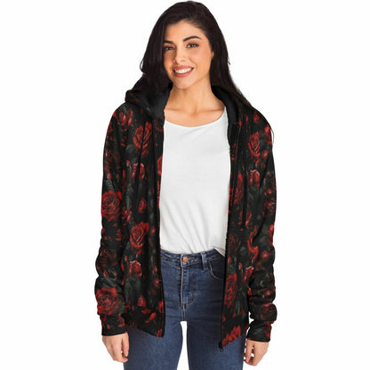 Red Roses Zip Up Fleece Lined Hoodie, Floral Flowers Sherpa Heavyweight Full Zipper Pocket Men Women Unisex Graphic Hooded Sweatshirt Jacket