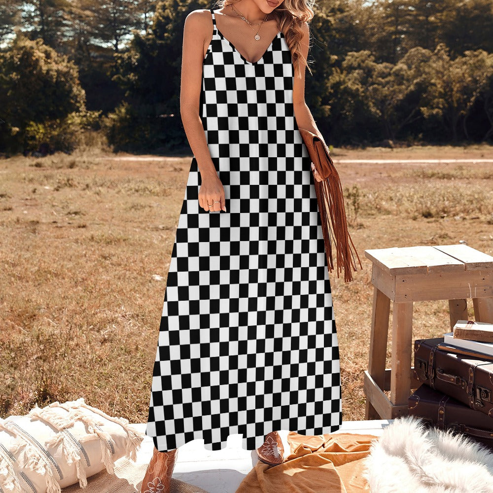 Checkered Maxi Dress, Black White Check Long Spaghetti Straps Flowy Women Sleeveless Casual Designer Elegant Plus Size Cocktail Party Summer