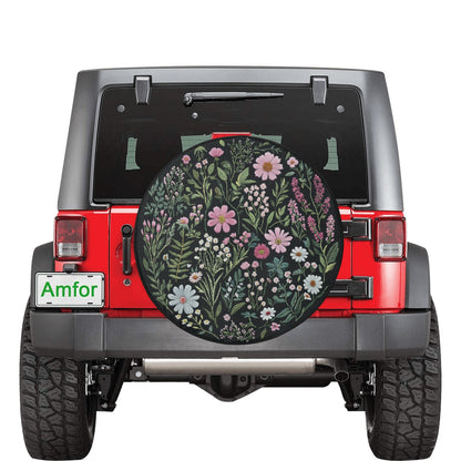 Pink Wild Flowers Spare Tire Cover, Faux Embroidery Printed Floral Wheel Auto Car Unique Design Backup Camera Hole Trailer Back Women RV
