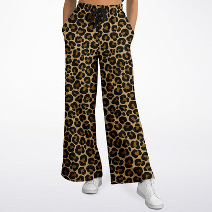 Leopard Wide Leg Jogging Pants, Brown Animal Print Cheetah Flare Sweatpants Pockets Women Flared Sweats Cotton Fleece Ladies Joggers