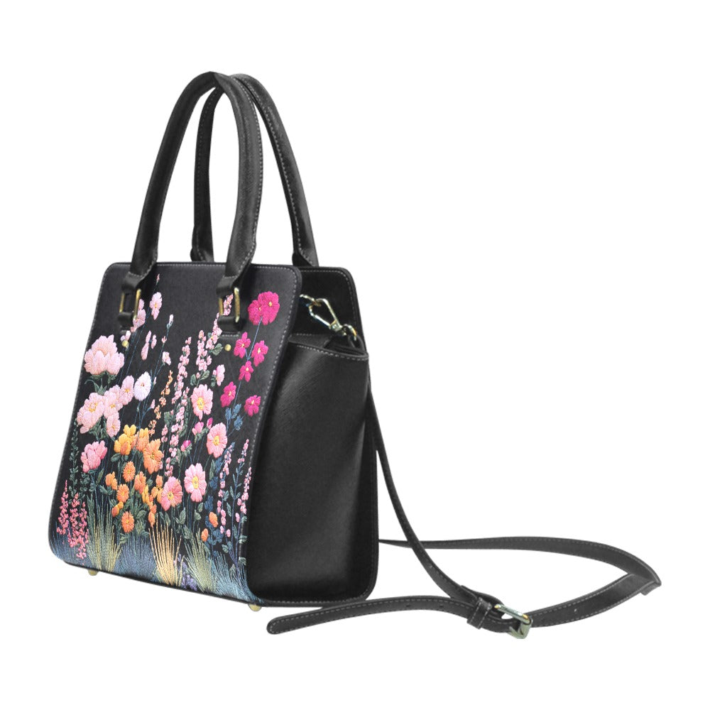 Floral Purse Handbag, Pink Green Flowers Faux Embroidery Vegan Leather Designer Women Ladies Female Tote Top Zip Handle Bag Shoulder Strap