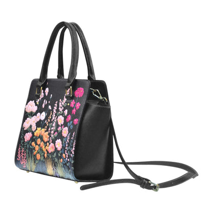 Floral Purse Handbag, Pink Green Flowers Faux Embroidery Vegan Leather Designer Women Ladies Female Tote Top Zip Handle Bag Shoulder Strap
