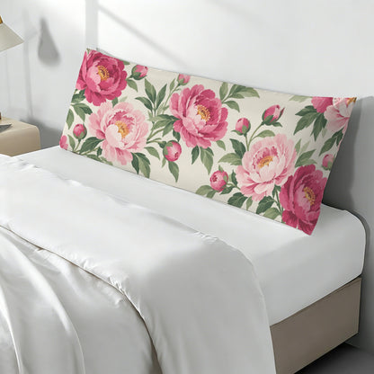 Pink Peony Floral Body Pillow Case,  Flowers Boho Blush Botanical Green Red Long Large Bed Accent Pillowcase Print Throw Decorative Cover