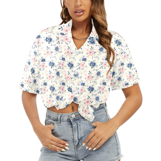 Blue Pink Women Hawaiian shirt, Floral Flowers Summer Tropical Print Vintage Retro Hawaii Aloha Cool Button Up Down Plus Size Ladies Blouse