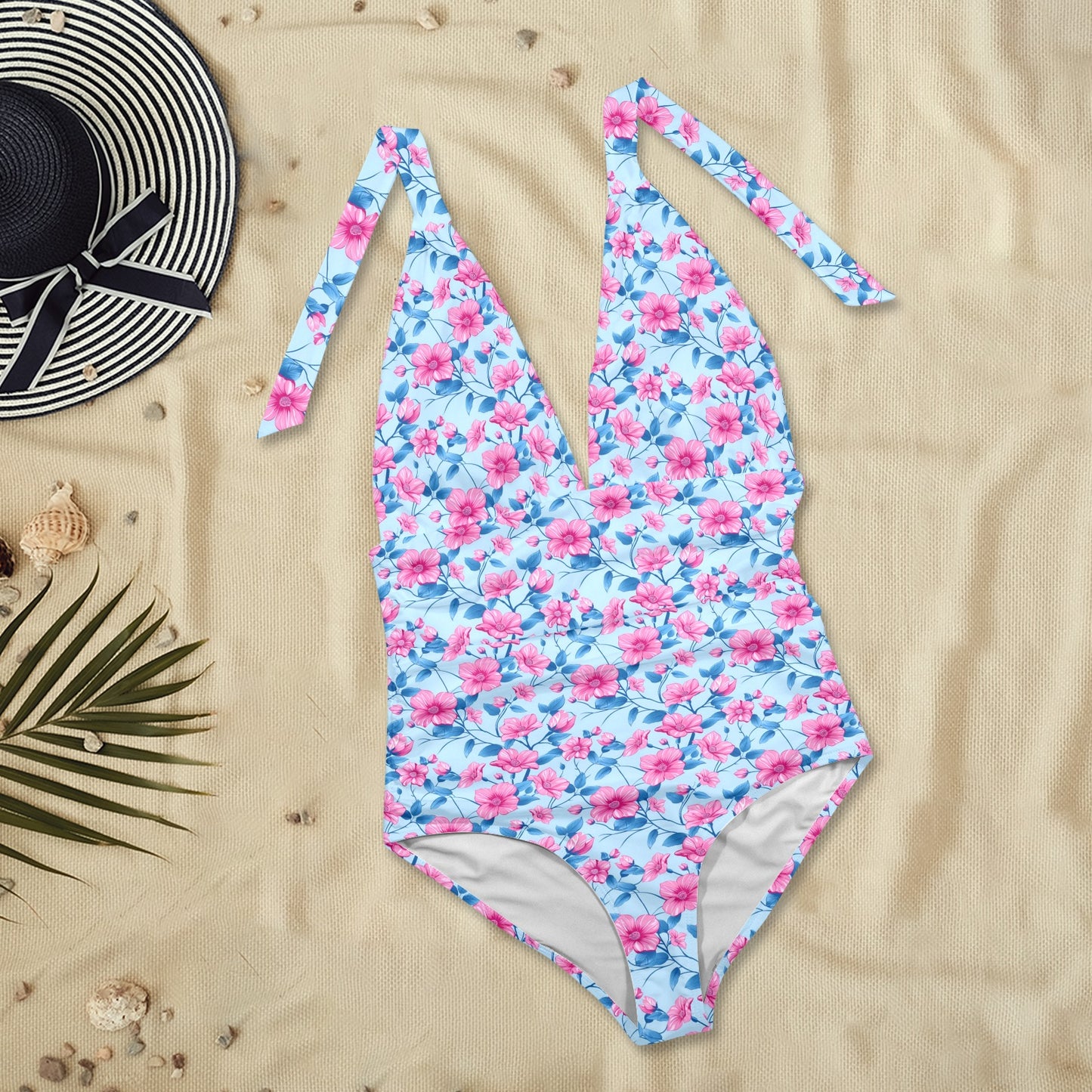 Pink Blue Floral One Piece Swimsuit Women, Flowers Hibiscus Plunge Halter Backless Designer Swim Swimming Bathing Suits Ladies Swimwear