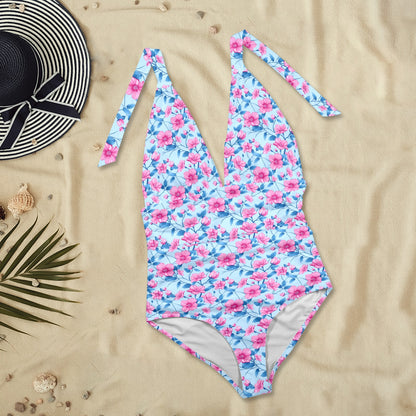 Pink Blue Floral One Piece Swimsuit Women, Flowers Hibiscus Plunge Halter Backless Designer Swim Swimming Bathing Suits Ladies Swimwear