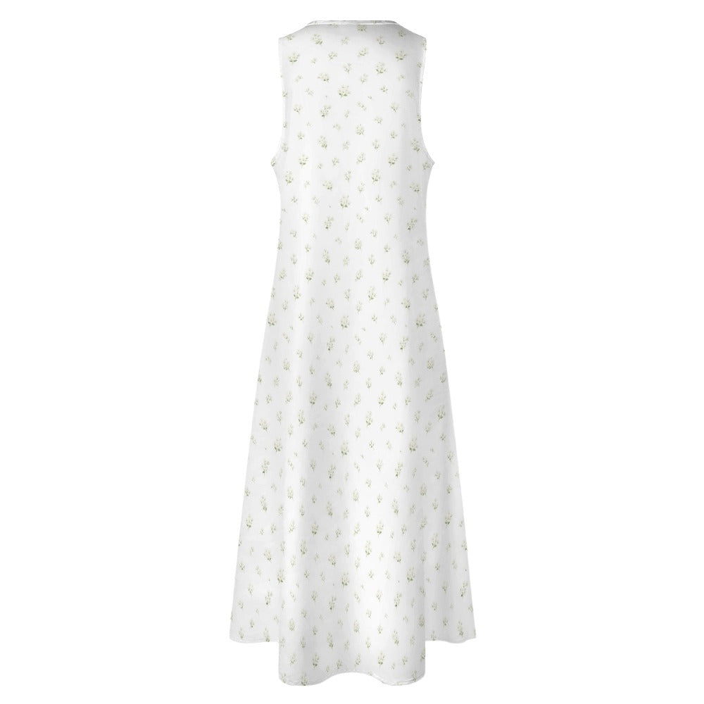 White Floral Maxi Sleeveless Dress, Flowers Party Handmade A Line Women Ladies Cocktail Pockets Long Plus Size Summer Wedding Sundress - Starcove Fashion