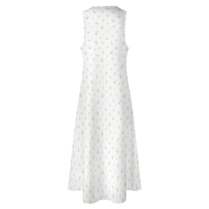 White Floral Maxi Sleeveless Dress, Flowers Party Handmade A Line Women Ladies Cocktail Pockets Long Plus Size Summer Wedding Sundress - Starcove Fashion