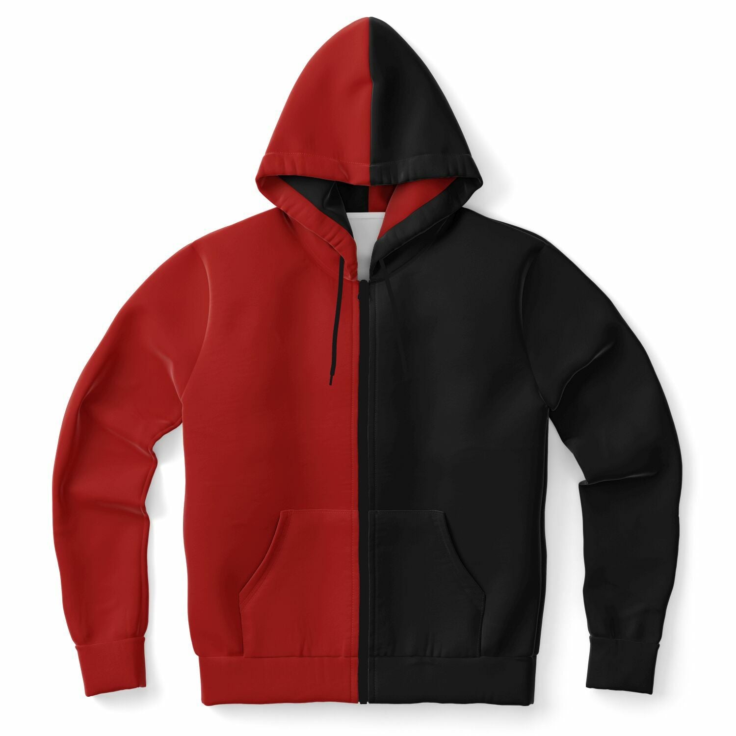 Half Black Half Red Zip Up Hoodie, Two Tone Color Split Full