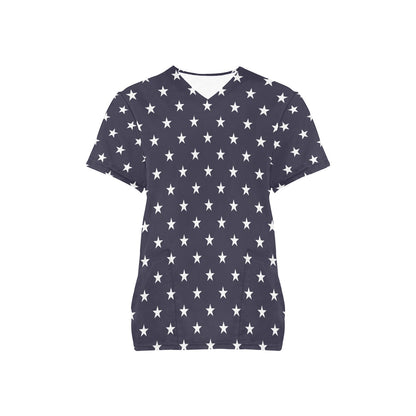 Navy Stars Medical Scrubs Top Women, American Ladies Female Plus Size Nursing Cute Printed Nurse Vet Veterinary Assistant Uniform Pockets - Starcove Fashion