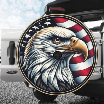 Bald Eagle Head Spare Tire Cover, American Flag USA Patriotic Backup Camera Hole Wheel Unique RV Back Cars RV Men Women Trailer Campers