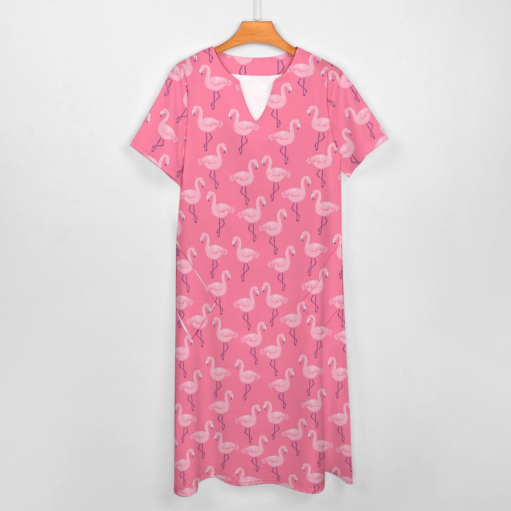 Pink Flamingo Women Maxi Dress, V-Neck Print Short Sleeve Evening Summer Cocktail Ladies Handmade Designer Plus Size Party Outfit Pockets