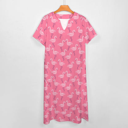 Pink Flamingo Women Maxi Dress, V-Neck Print Short Sleeve Evening Summer Cocktail Ladies Handmade Designer Plus Size Party Outfit Pockets